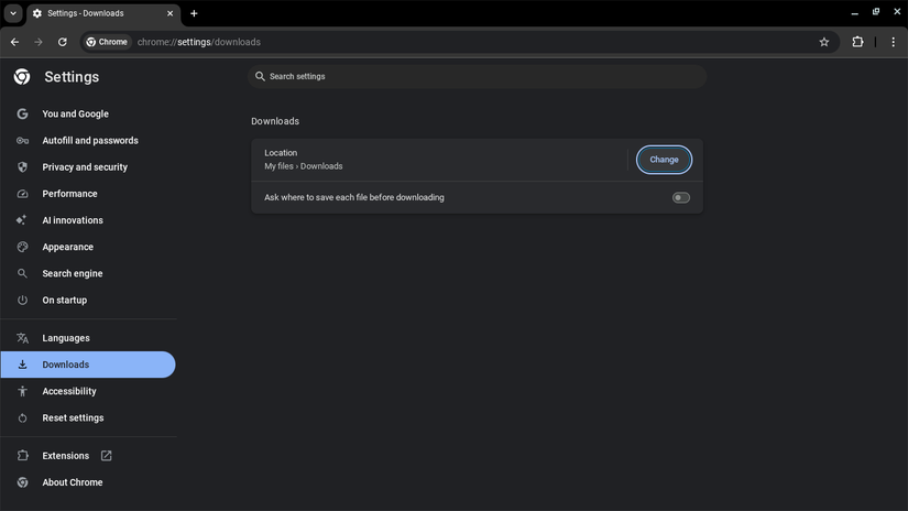 Download location settings in Chrome browser
