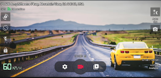 droid-dashcam-1A screenshot of the Droid dashcam app for Android. In view, a yellow Chevrolet Camaro and the road in front of it