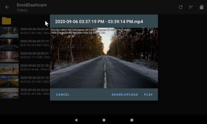 A screenshot from the Droid Dashcam video repository.