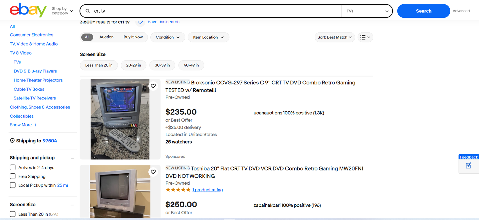 CRT TV search results on eBay.