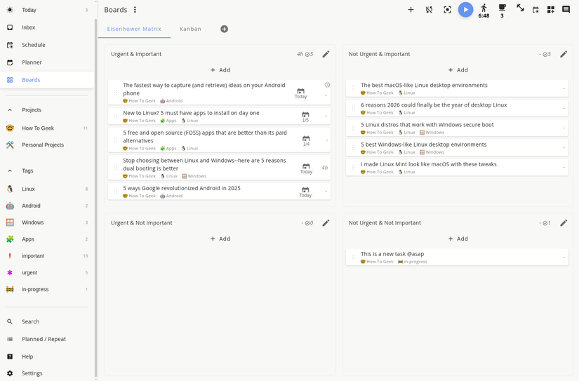 Eisenhower Matrix in the Super Productivity app.