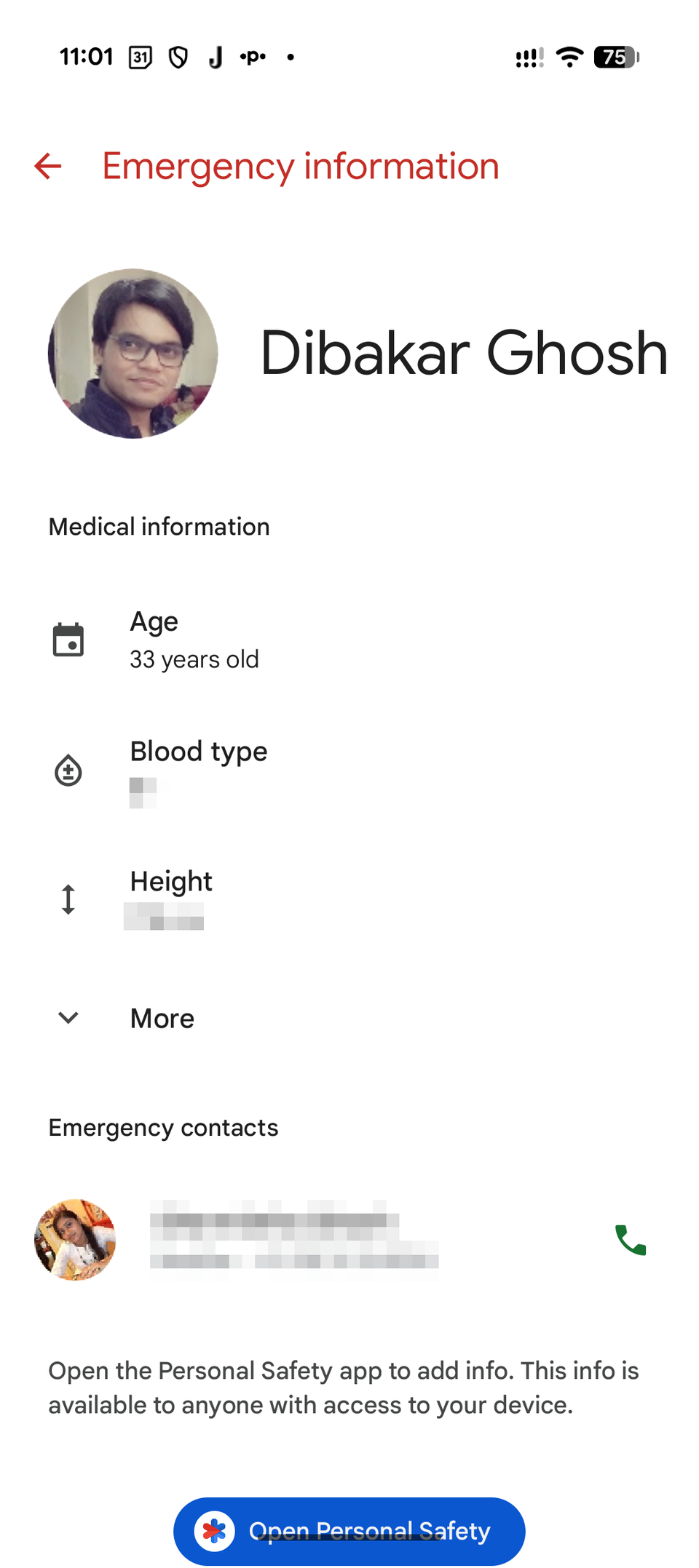 Información médica de emergencia accesible desde la pantalla de bloqueo de Android.