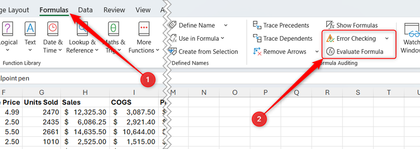 Hình 14: Kiểm tra Lỗi (Error Checking) và Đánh giá Công thức (Evaluate Formula) trong tab Formulas của ribbon Excel.