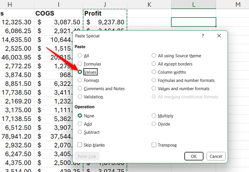 Hình 30: Hộp thoại Paste Special của Excel, với tùy chọn Values được chọn trong phần Paste.