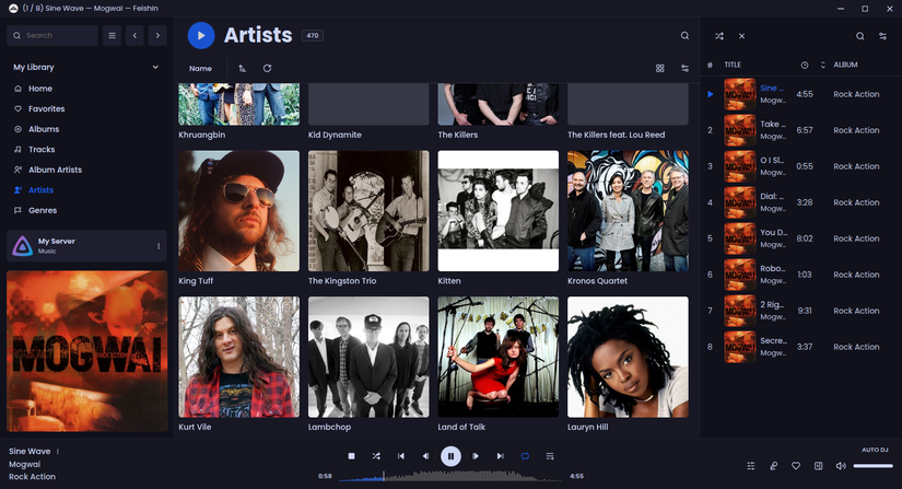 Aplicación Feishin con varios artistas visibles y un álbum en reproducción.
