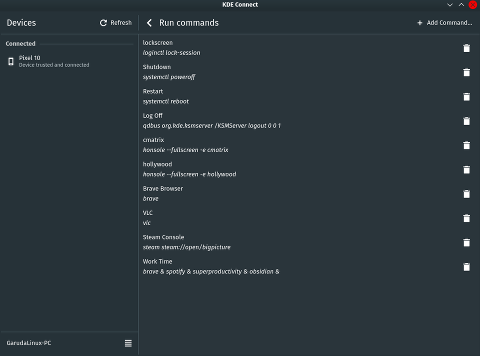 Полный перечень терминальных команд, добавленных через KDE Connect.