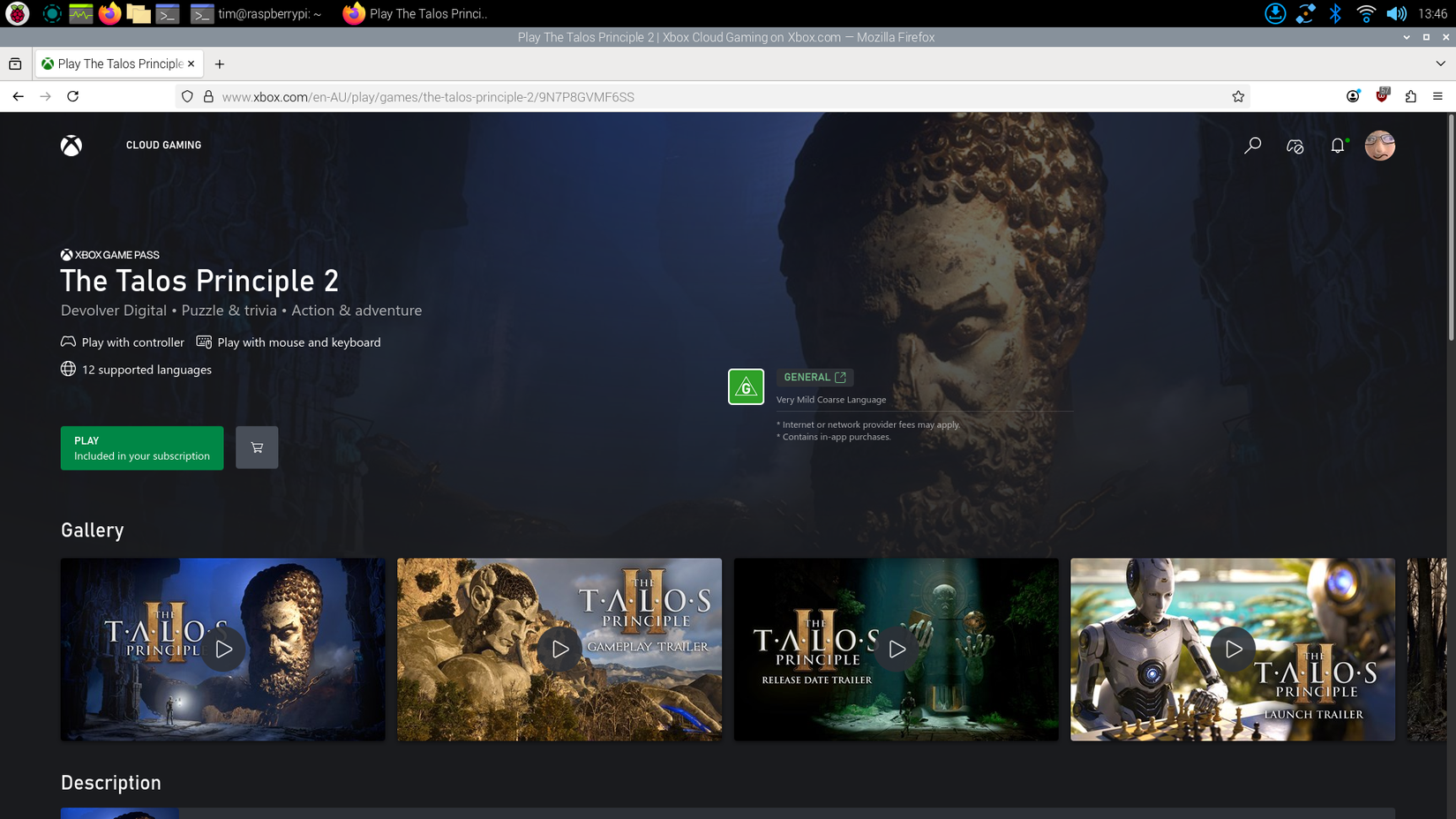 Jogos em nuvem do Game Pass no Firefox no Raspberry Pi OS.