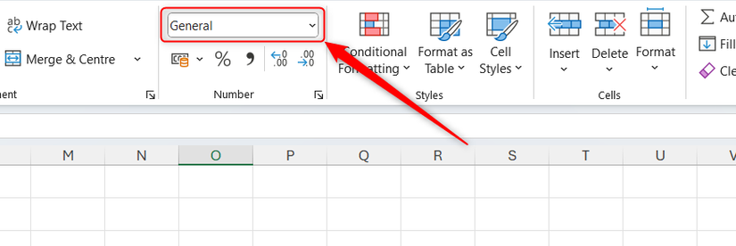 Hình 10: Tùy chọn General (Chung) được chọn trong menu thả xuống Number Format (Định dạng Số) của Excel.