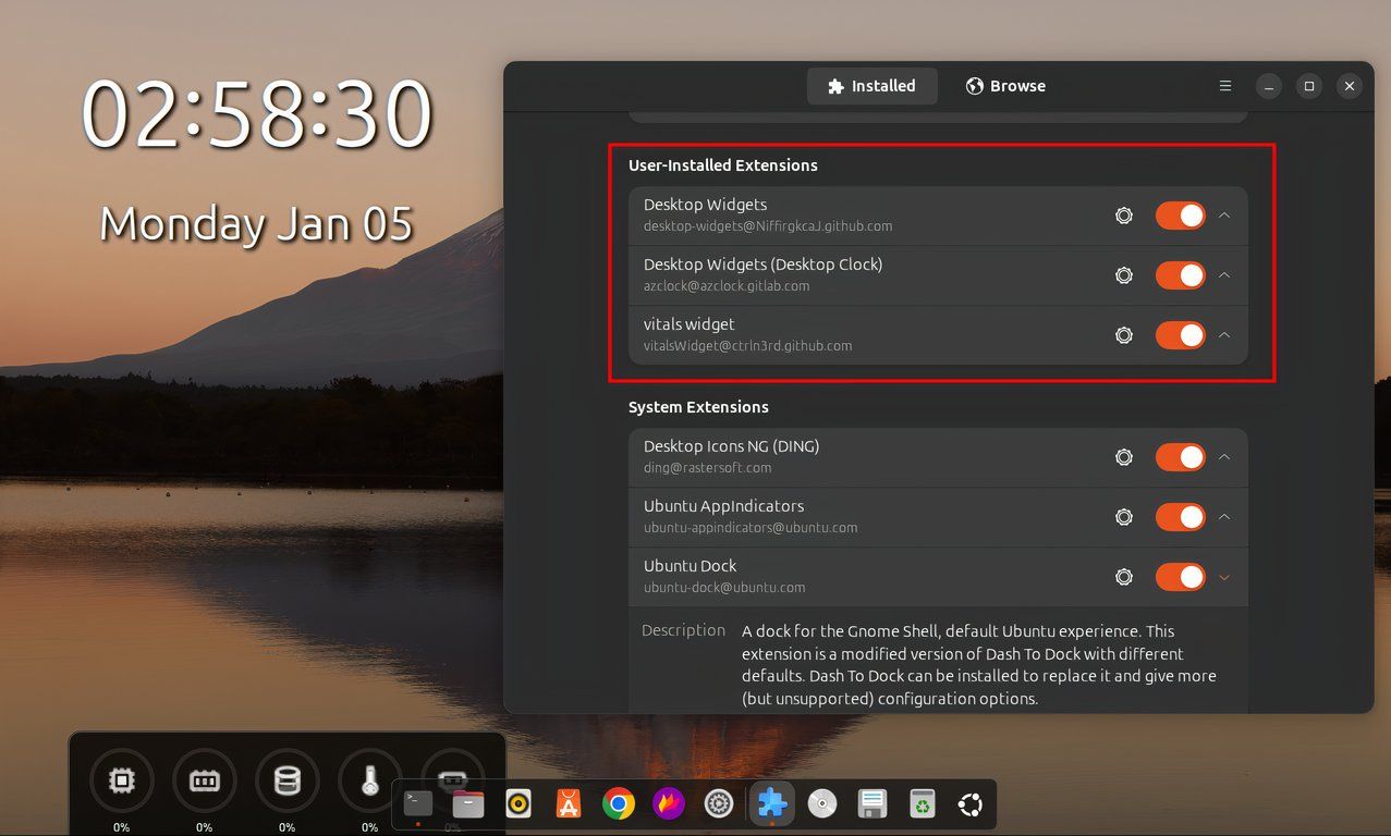 GNOME Extensions User-installed widgets