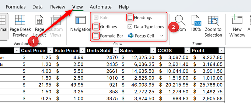 Image 31: Gridlines, Headings và Formula Bar không được chọn trong nhóm Show của tab View trên ruy-băng Excel.