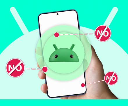 Рука держит смартфон с 3D-логотипом Android, вокруг которого — красные знаки 'NO'.