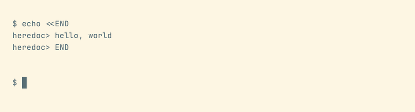 Passing a heredoc to echo, the shell adds a "heredoc>" prefix to each line until the delimiter is entered.