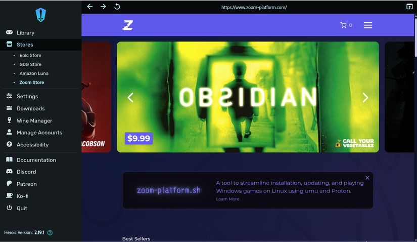 Heroic Games Launcher on Linux showing the Zoom Platform interface.