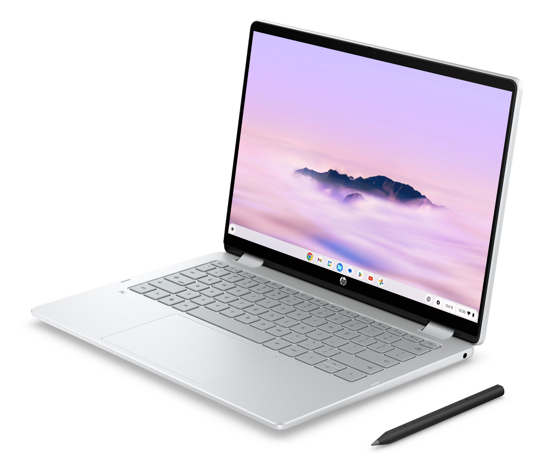 HP Chromebook Plus x360 14 facing the Front Left with a stylus on a white background