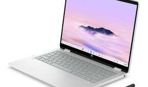 HP Chromebook Plus x360 14 facing the Front Left with a stylus on a white background