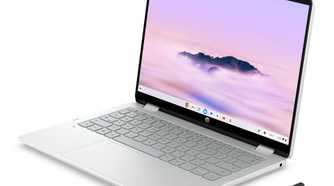 HP Chromebook Plus x360 14 facing the Front Left with a stylus on a white background