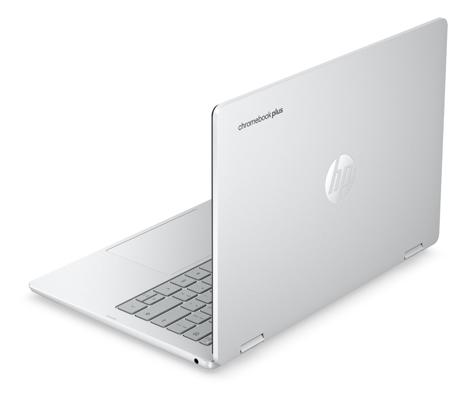 HP Chromebook Plus x360 14 facing the rear left on a white background