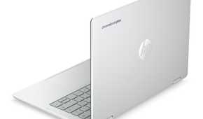 HP Chromebook Plus x360 14 facing the rear left on a white background