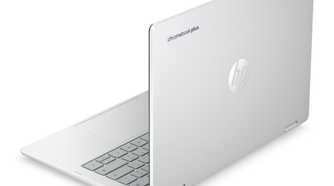HP Chromebook Plus x360 14 facing the rear left on a white background