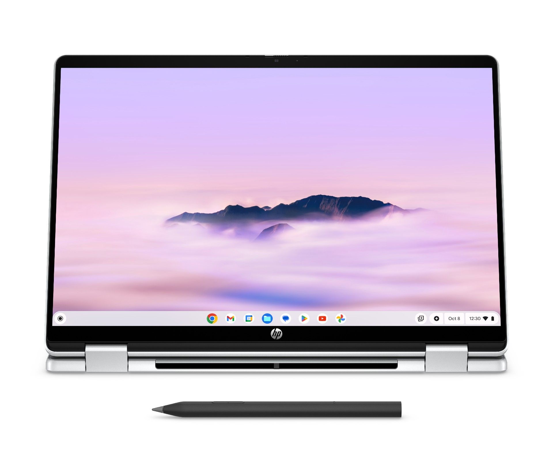 HP Chromebook Plus x360 14 open and pushed back with a stylus and facing the Front on a white background