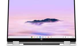 HP Chromebook Plus x360 14 open and pushed back with a stylus and facing the Front on a white background