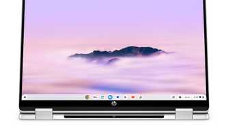 HP Chromebook Plus x360 14 open and pushed back with a stylus and facing the Front on a white background