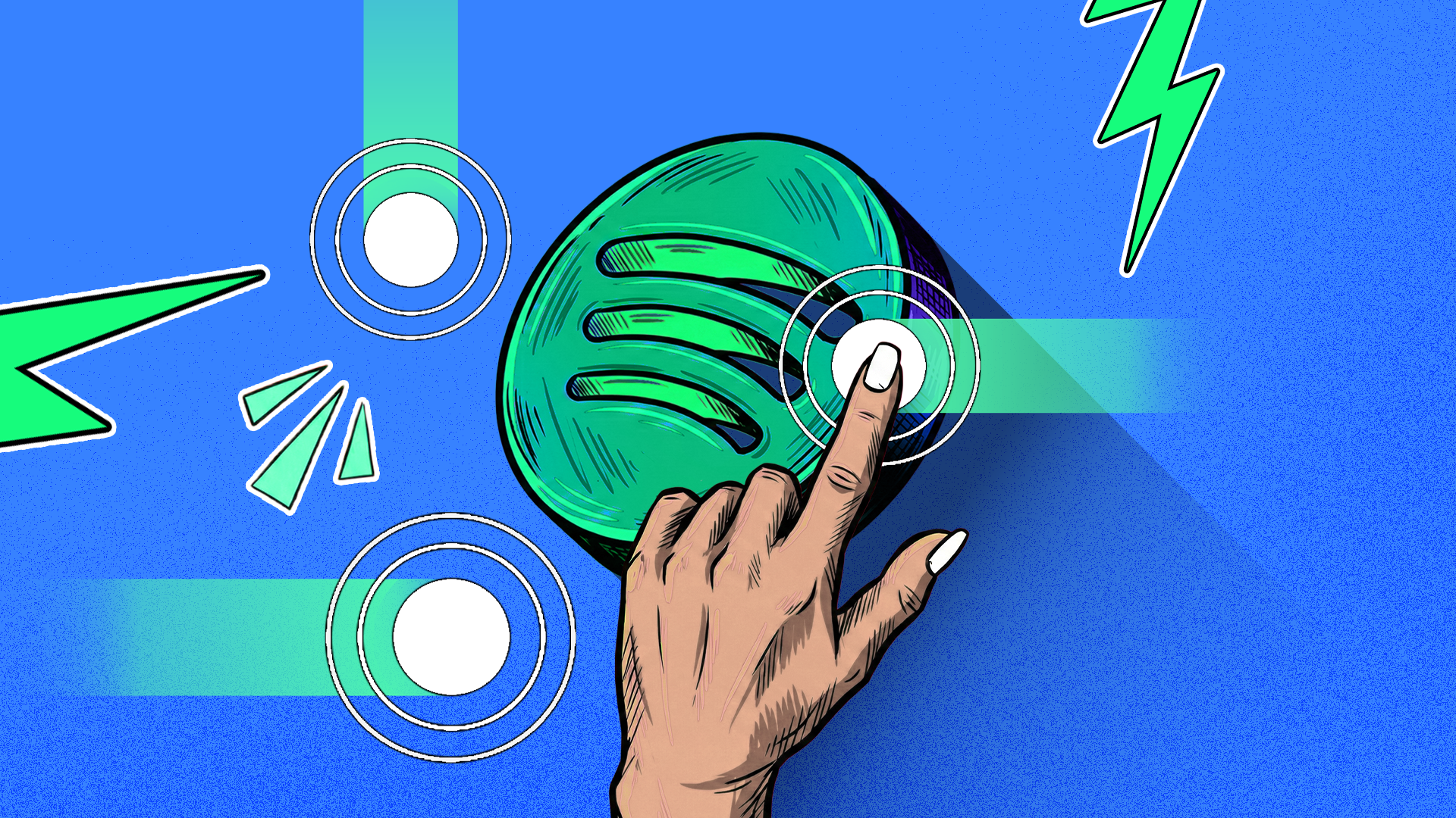 Illustration of a hand swiping the Spotify logo, with green motion streaks representing gesture shortcuts.