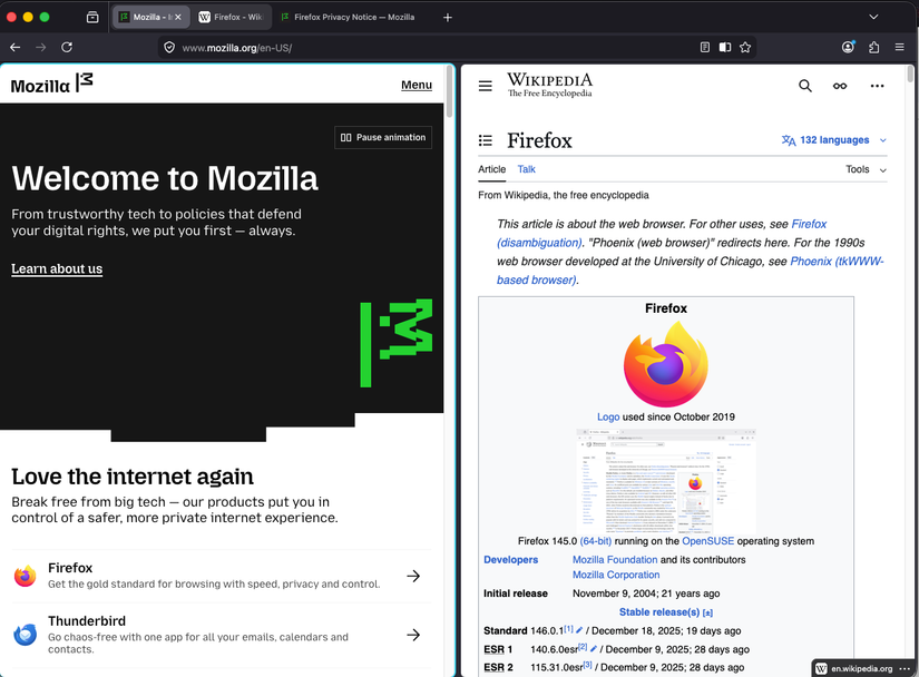 Firefox split view mode screenshot