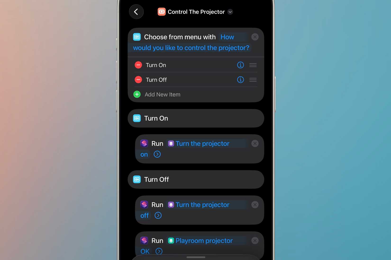Управление проектором через Siri Shortcuts.