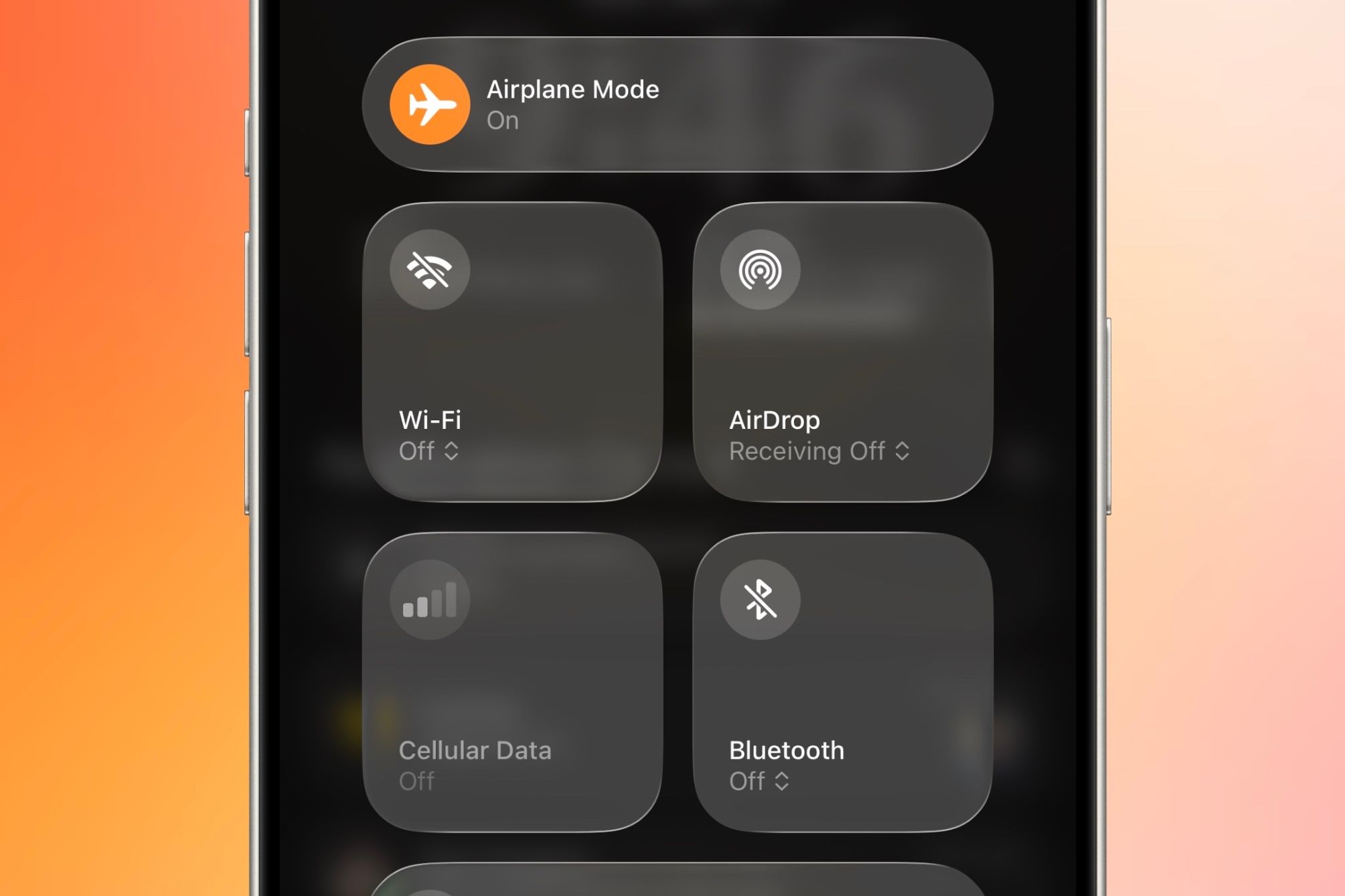 Airplane mode is enabled on an iPhone with Liquid Glass.