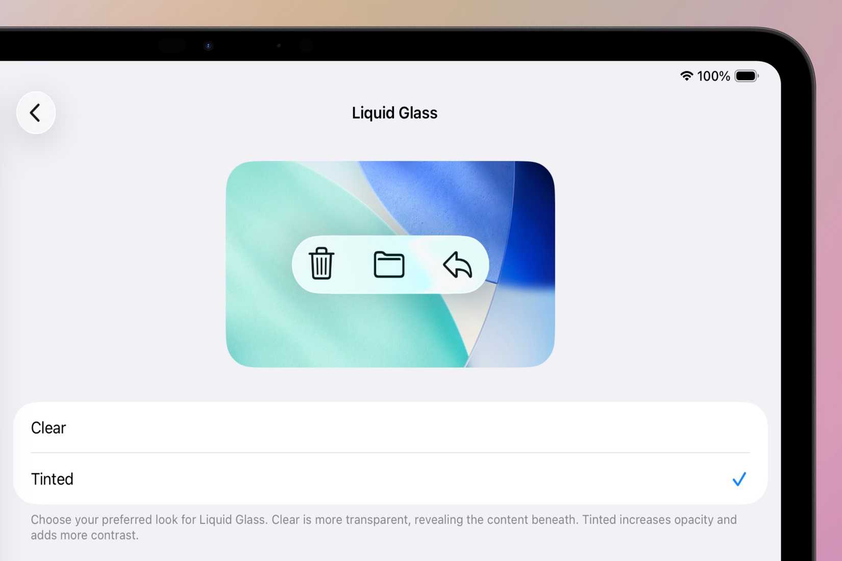 সেটিংস অ্যাপে আইপ্যাডে পরিষ্কার এবং রঙিন সংস্করণের মধ্যে বেছে নেওয়ার জন্য লিকুইড গ্লাস বিকল্প।
