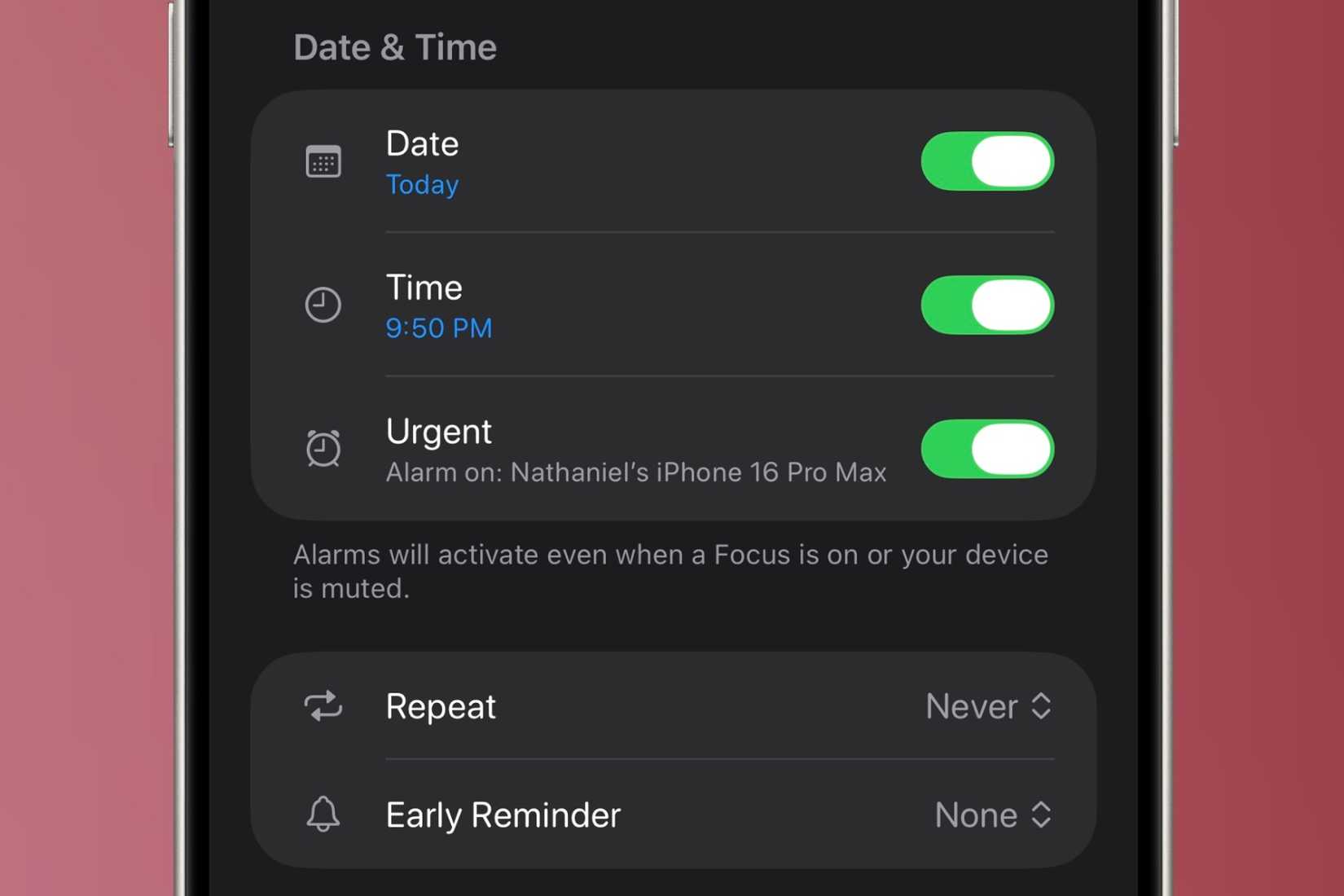 Toggling on urgent setting for a reminder on an iPhone in front of a colorful background.