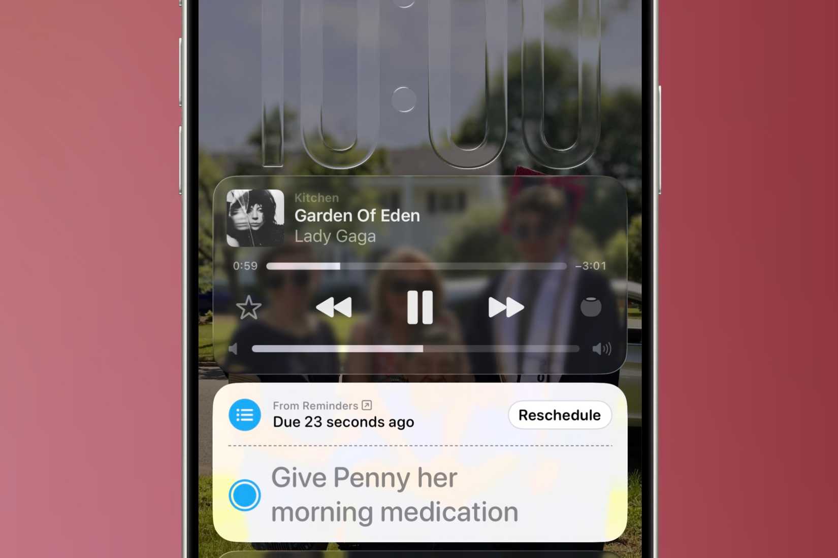Completing an urgent reminder on the lock screen from the Live Activity on an iPhone in front of a colorful background.