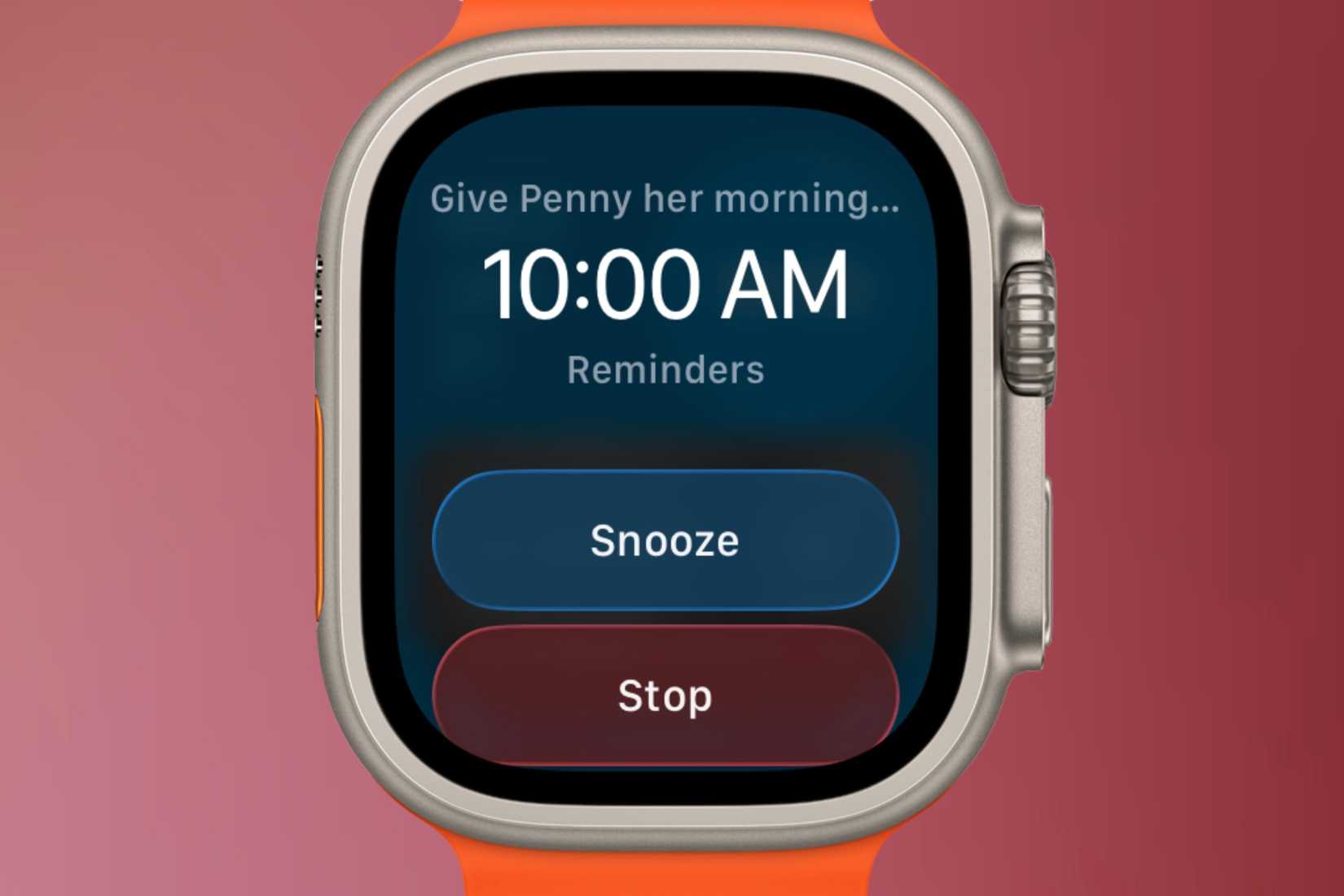 Urgent reminder alarm going off on an Apple Watch Ultra in front of a colorful background.