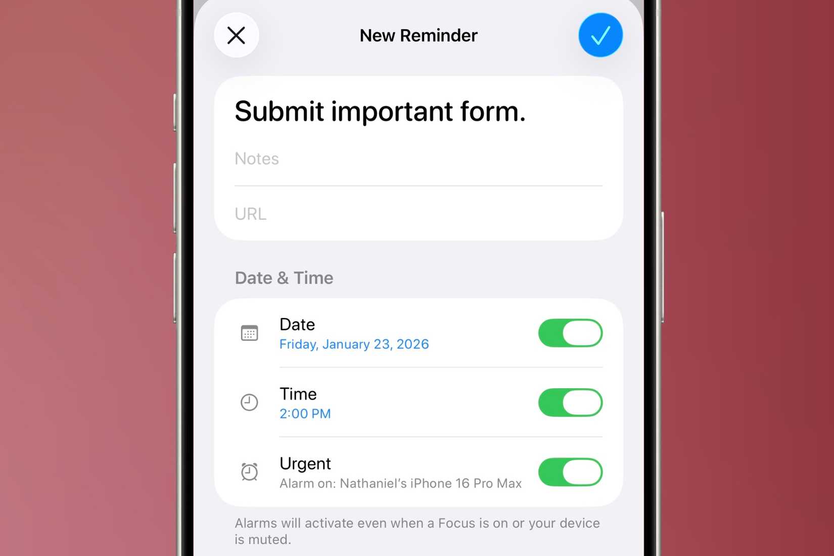 Creating a task to submit an important form and be reminded urgently about it on an iPhone in front of a colorful background.