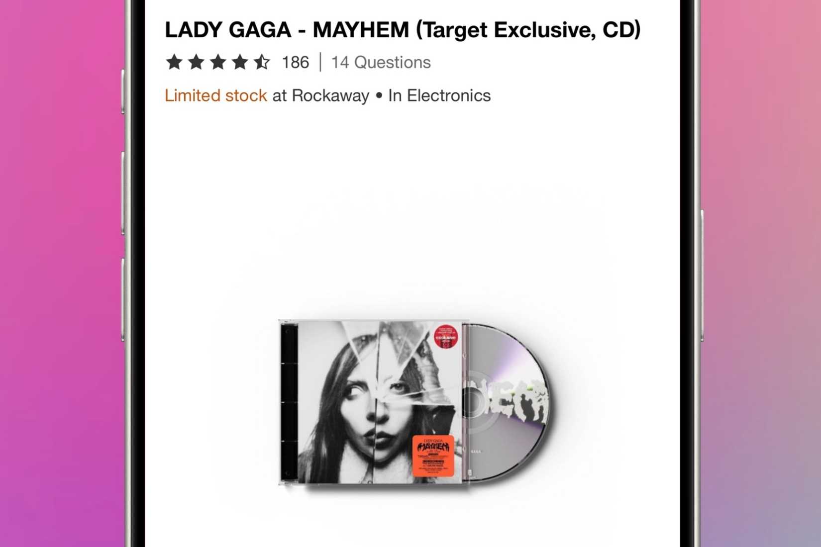 Exclusive target album for Lady Gaga's album: MAYHEM on an iPhone in front of a colored background.