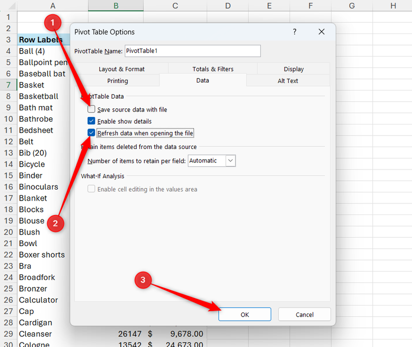 In Excel's PivotTable Options dialog, 'Save source data with file' is unchecked, and 'Refresh data when opening the file' is checked.