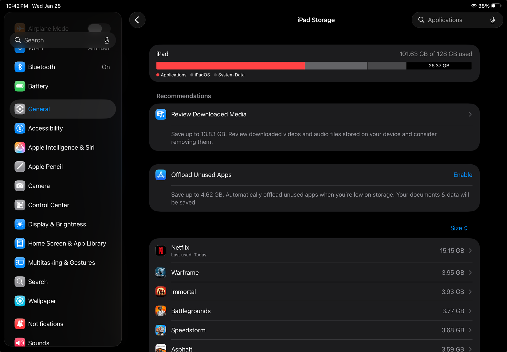 iPad storage overview taking up over 100GB space.