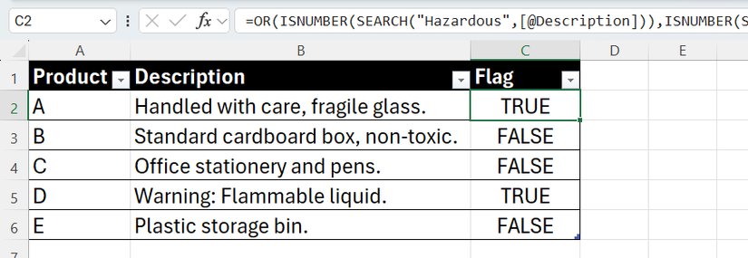 ISNUMBER and SEARCH formulas nested inside an OR formula to search for keywords in various product descriptions.