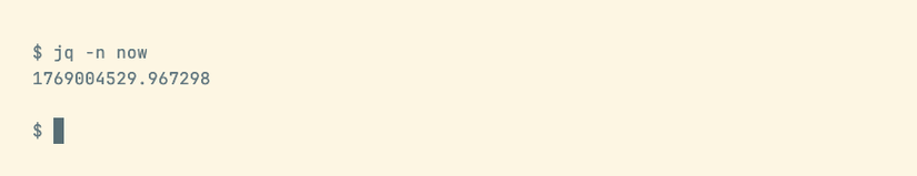 Фильтр jq now возвращает число секунд с 1 января 1970 года.