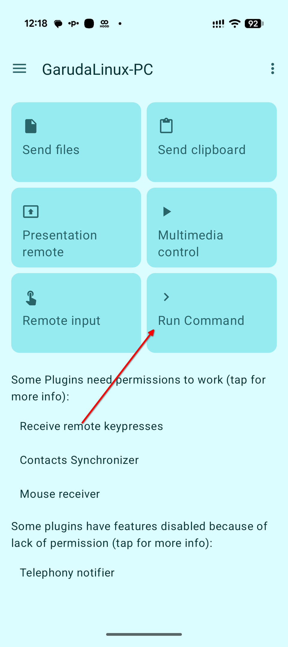 Главный экран KDE Connect на Android с опцией Run Command.