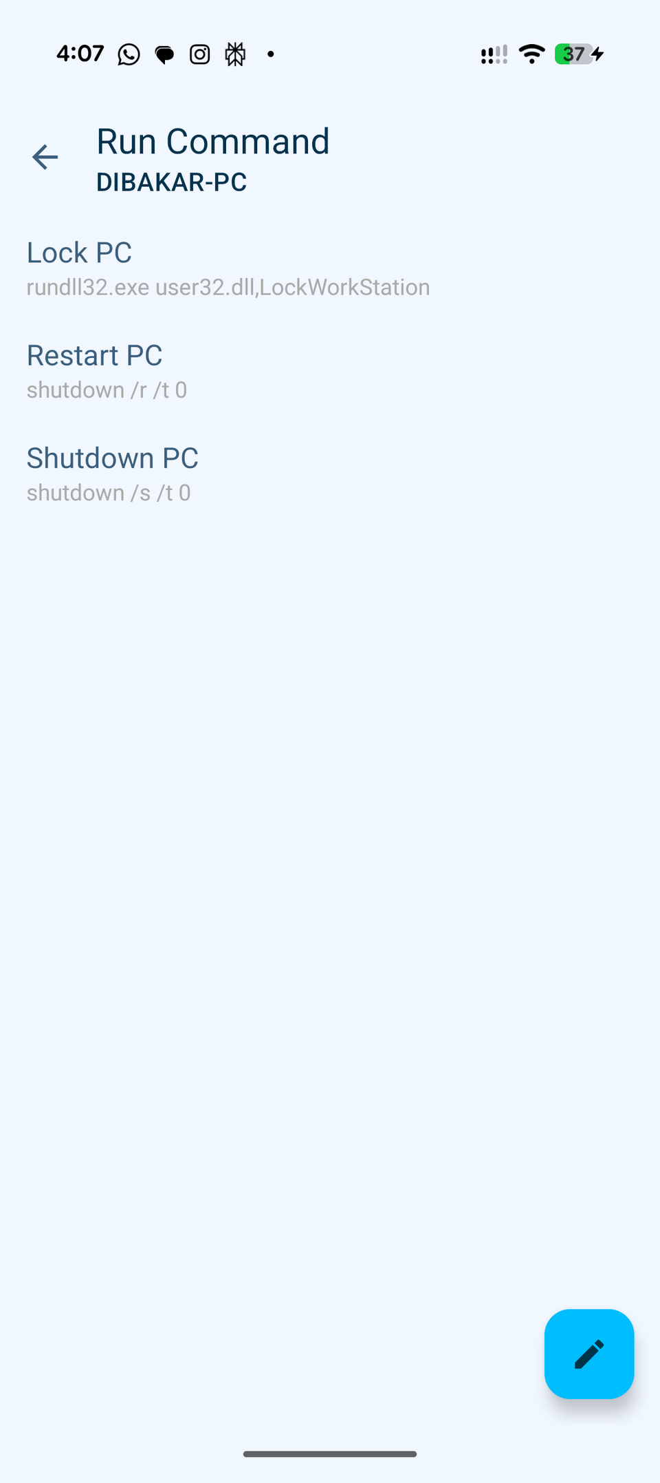 KDE Connect Android app showing all currently active Windows terminal commands.