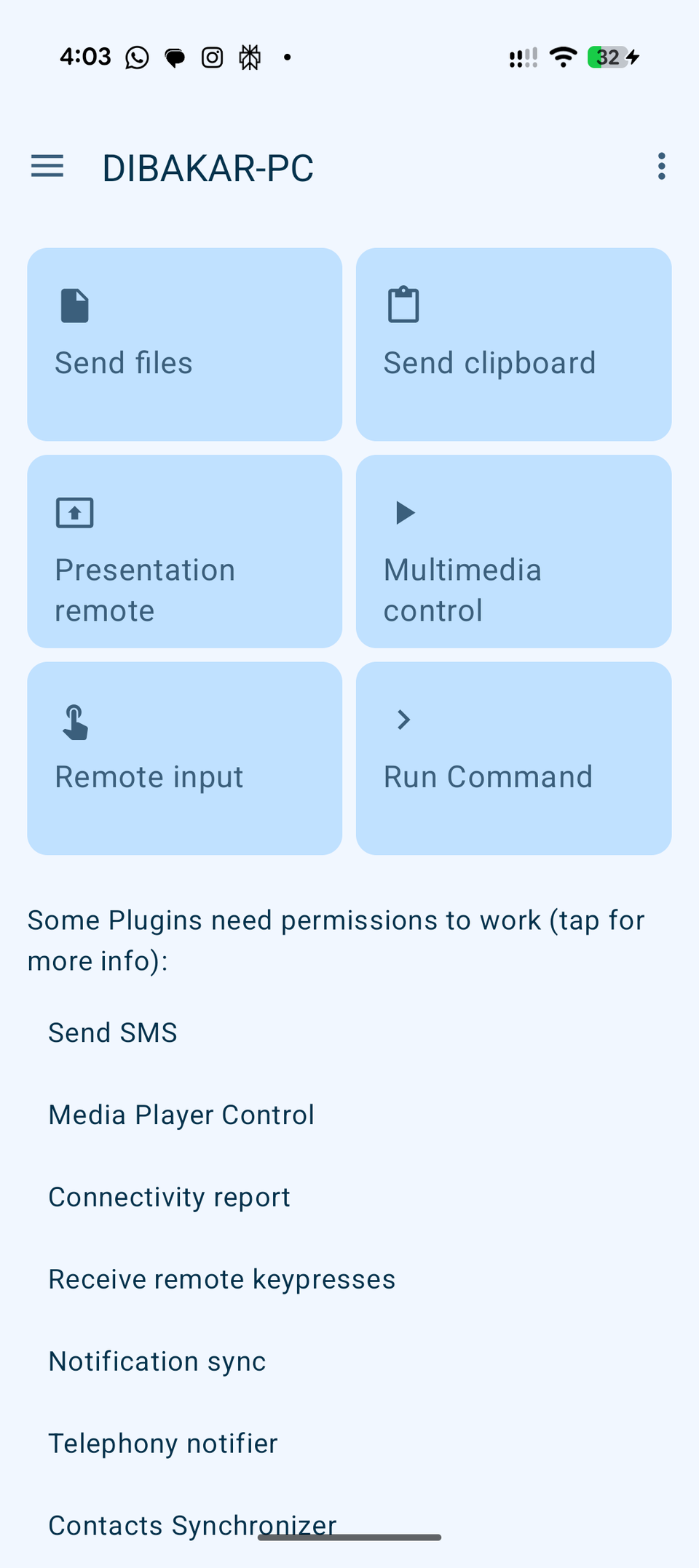 KDE Connect Android app showing Run Commands option.-1