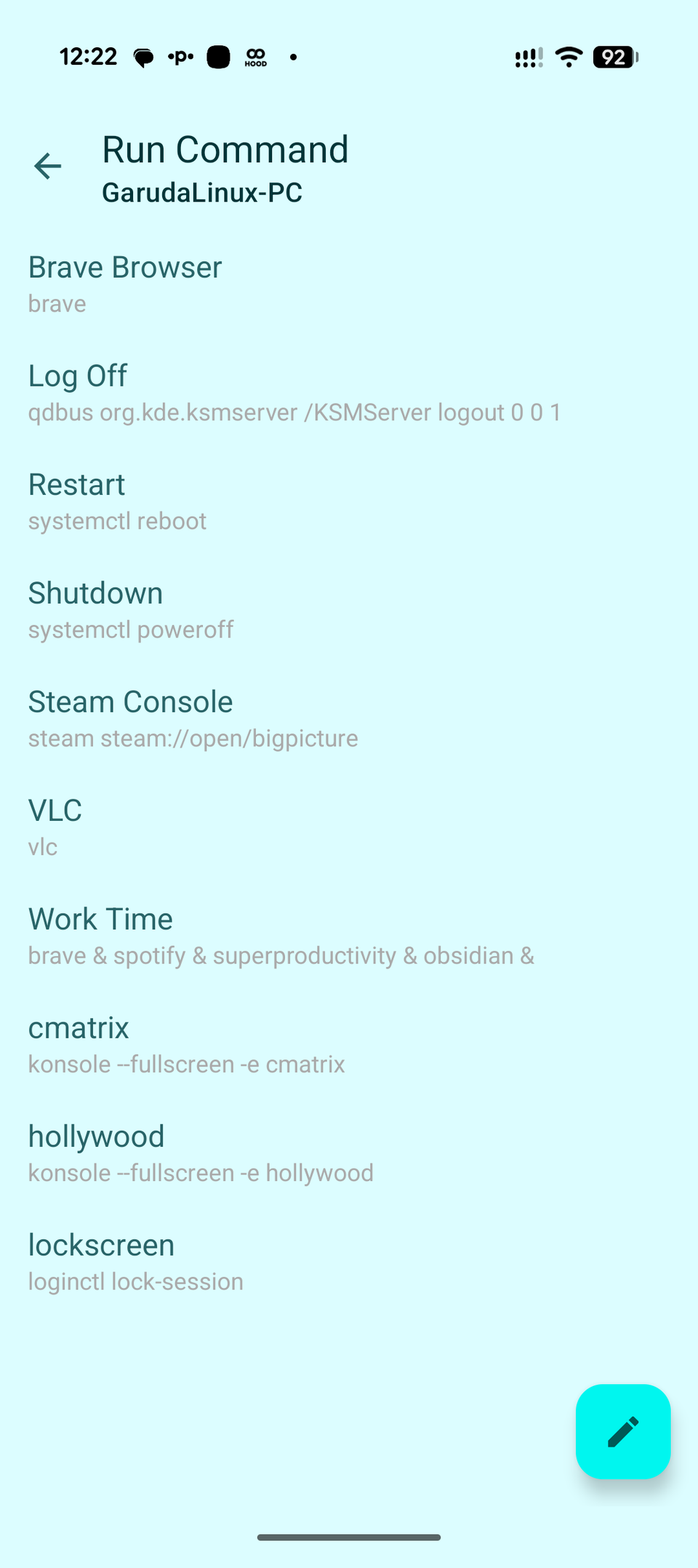 Список Linux-команд, доступных для запуска через KDE Connect.