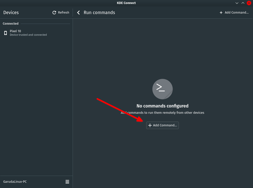 KDE Connect на Linux — вкладка Выполнить команду.