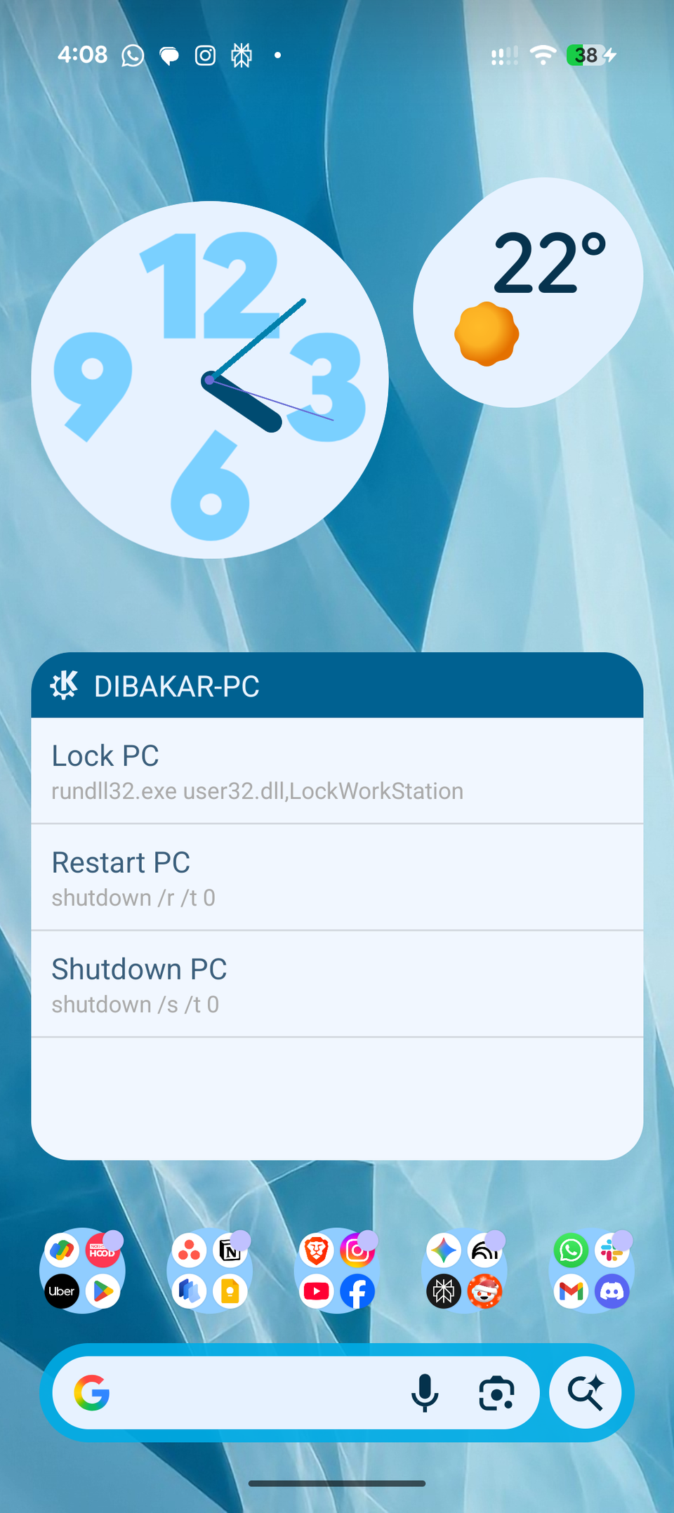 KDE Connect widget on the Android home screen showing all configured Windows terminal commands.