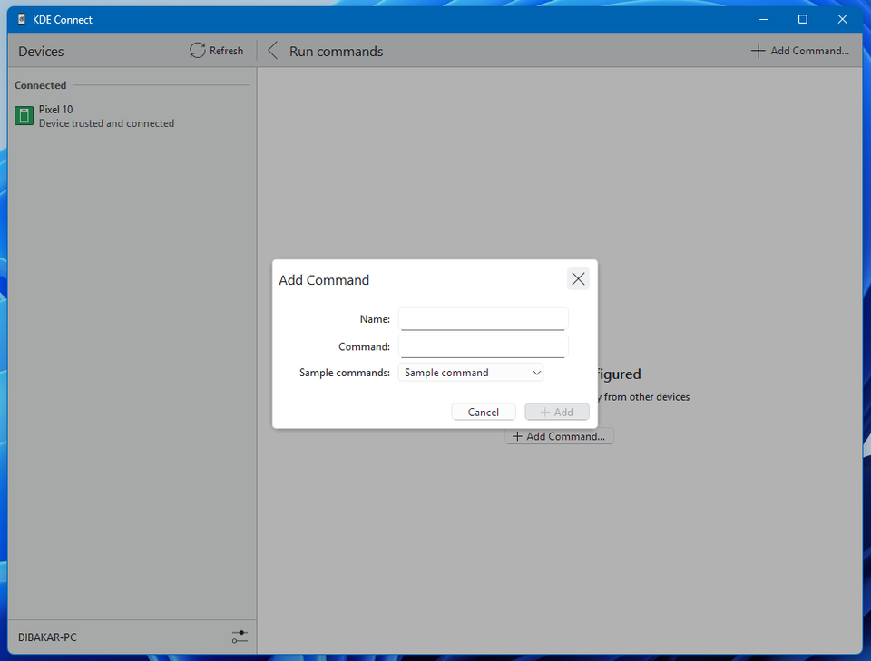 KDE Connect Windows app dialog box for adding new commands.-1