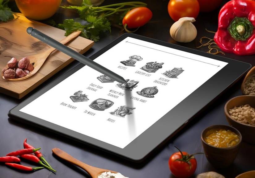 A Kindle Scribe surrounded with various cooking ingredients. 