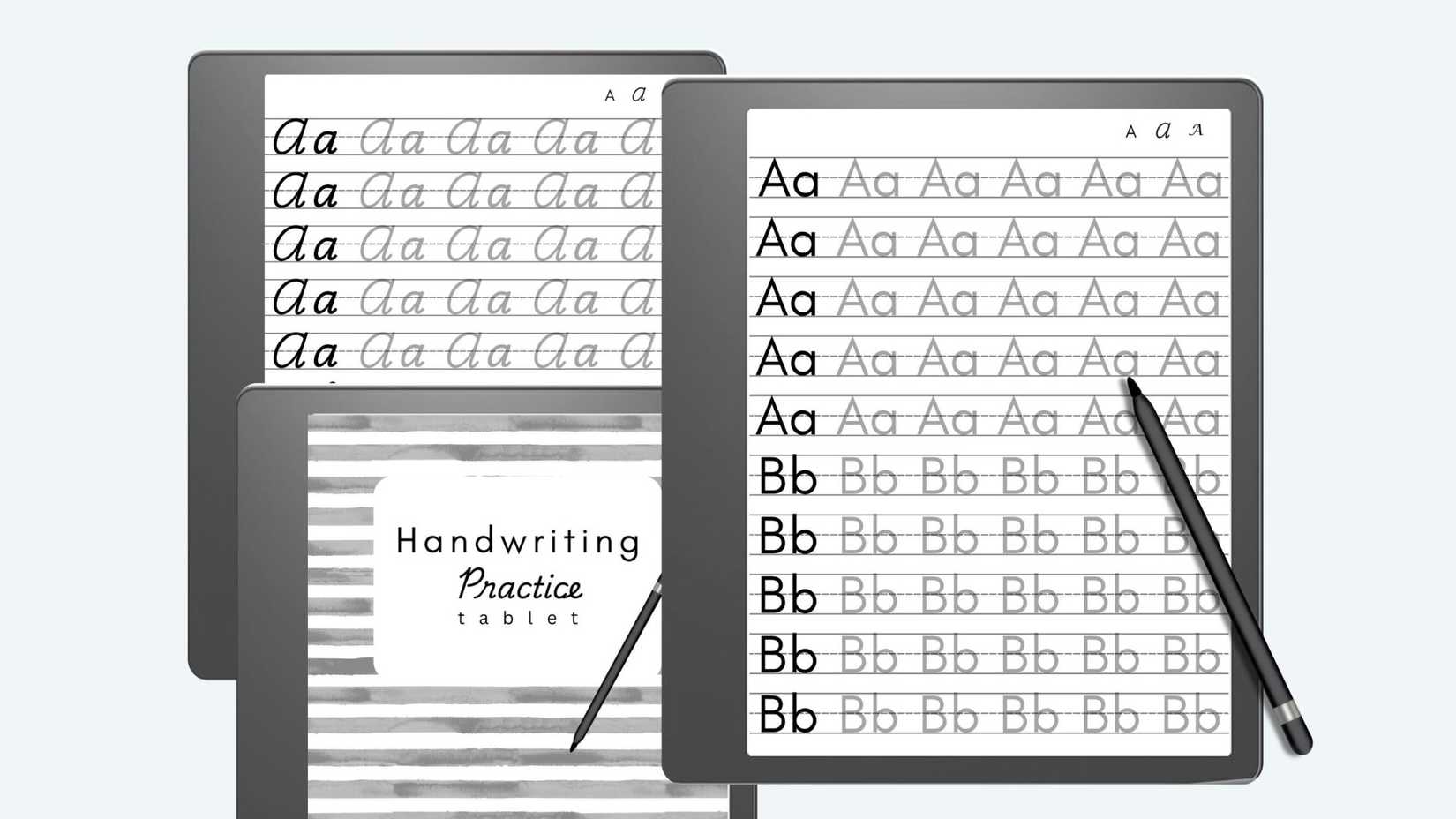 Cursive writing worksheets shown on Kindle Scribes. 