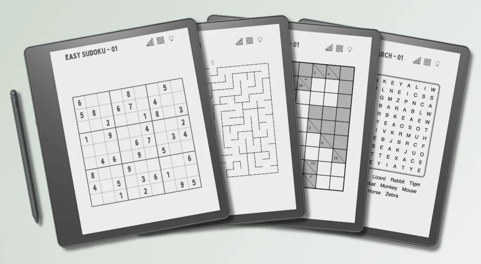 Multiple Kindle Scribes, each showing a different puzzle game. 